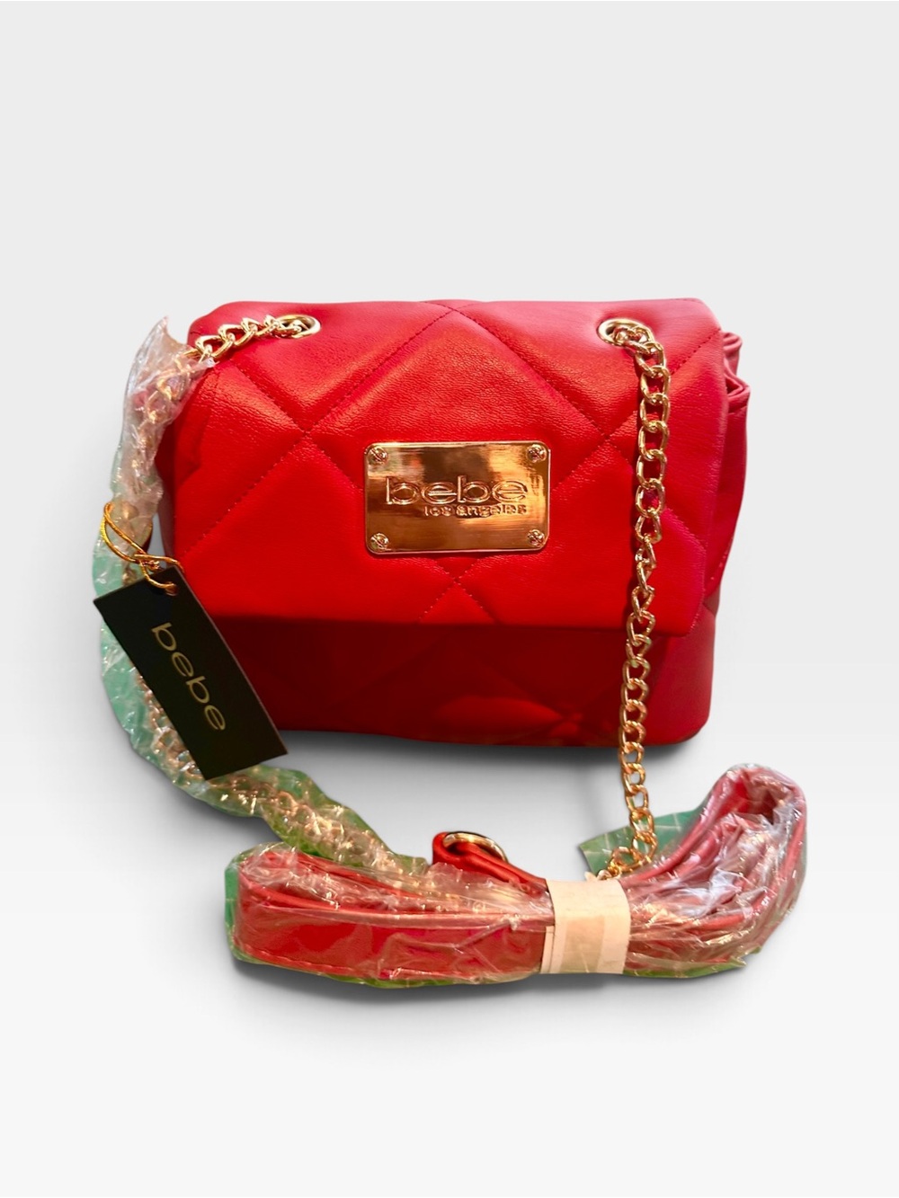Bebe City Flap Red Quilted Crossbody Bag Gold Chain